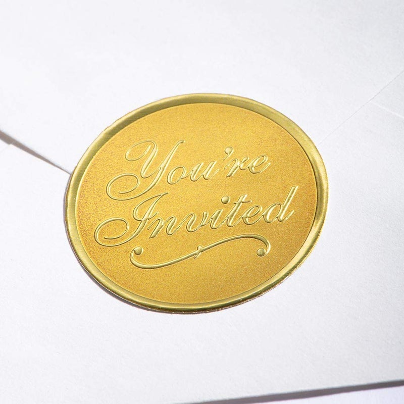PaperDirect Gold You're Invited Round Embossed Foil Seals, 48 Count - Image 3
